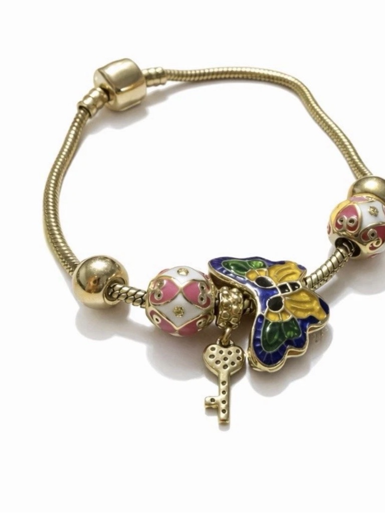 Gold-Tone Butterfly & Key Charm Bracelet With Pink Enamel Beads